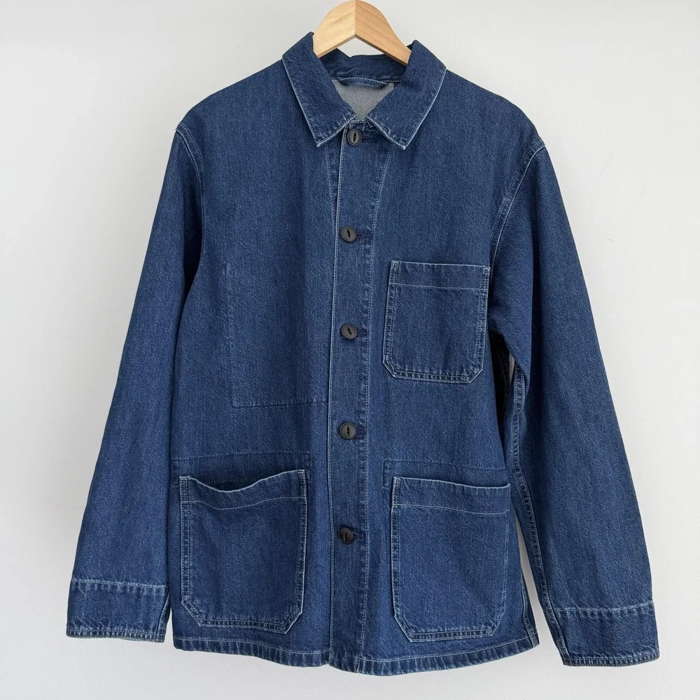 Uniqlo Jacket Mens Medium Blue Denim Chore Workwear Utility Unlined Pockets